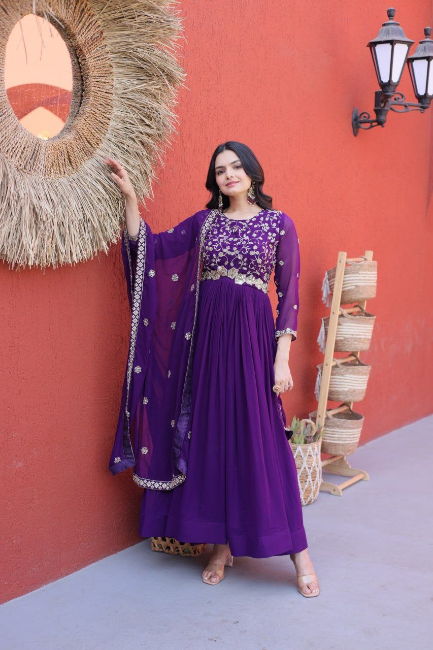 Fashion Factory Faux Blooming Embroidered Gown Set with Dupatta
