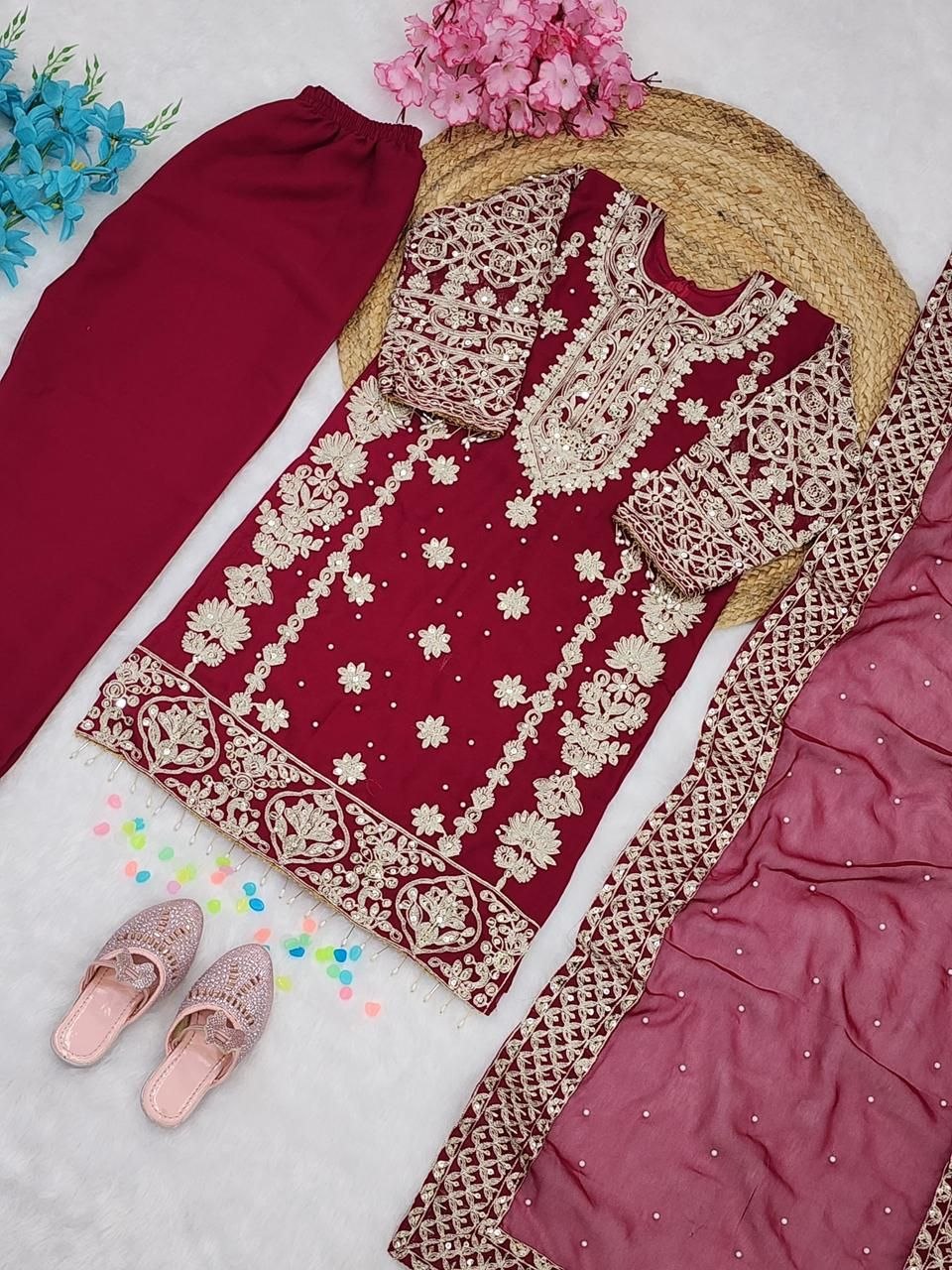 Fashion Factory Kids Premium Faux Georgette Embroidered Suit Set with Dupatta
