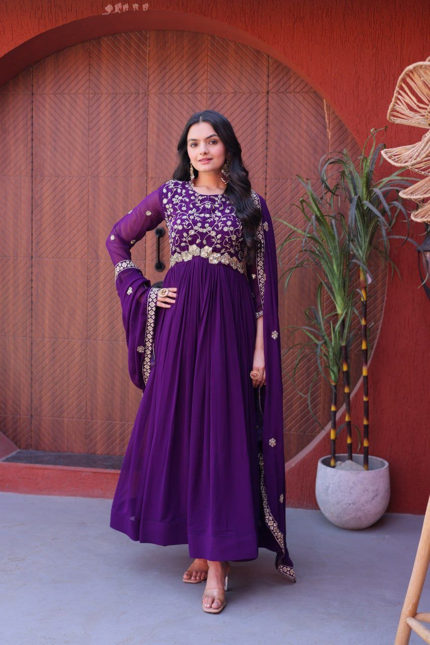 Fashion Factory Faux Blooming Embroidered Gown Set with Dupatta