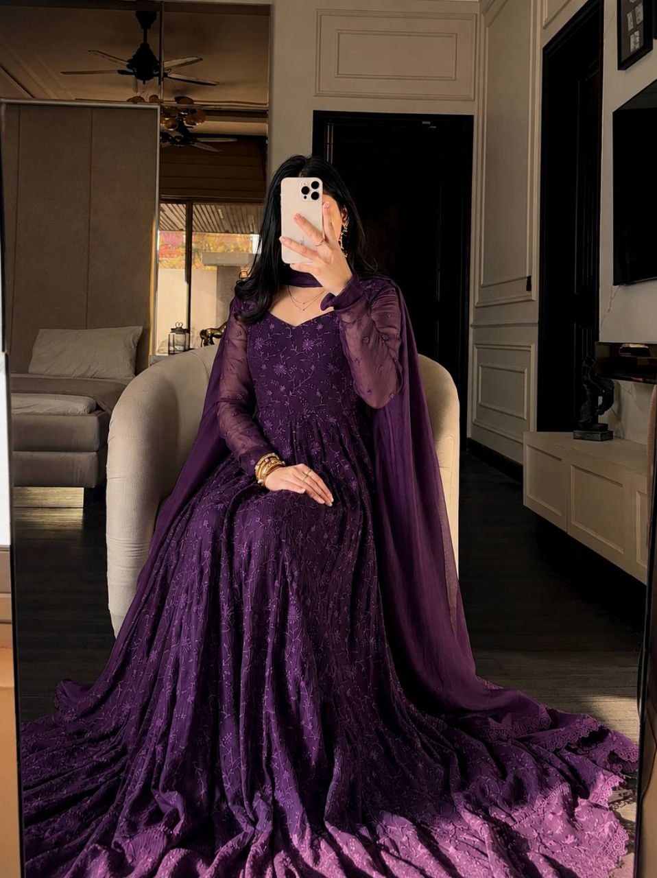 Fashion Factory Star Georgette Silk Embroidered Gown Set with Dupatta