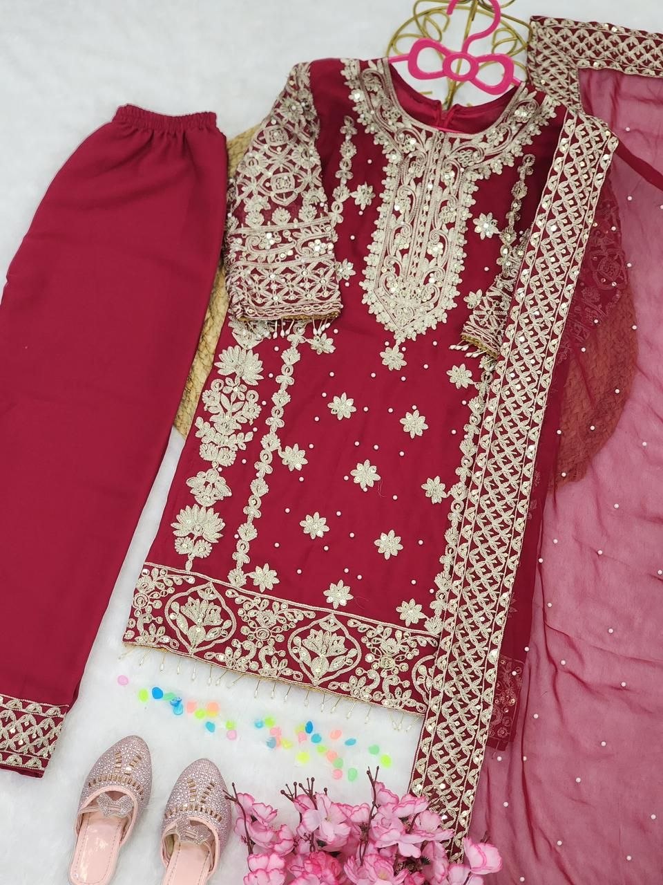 Fashion Factory Kids Premium Faux Georgette Embroidered Suit Set with Dupatta