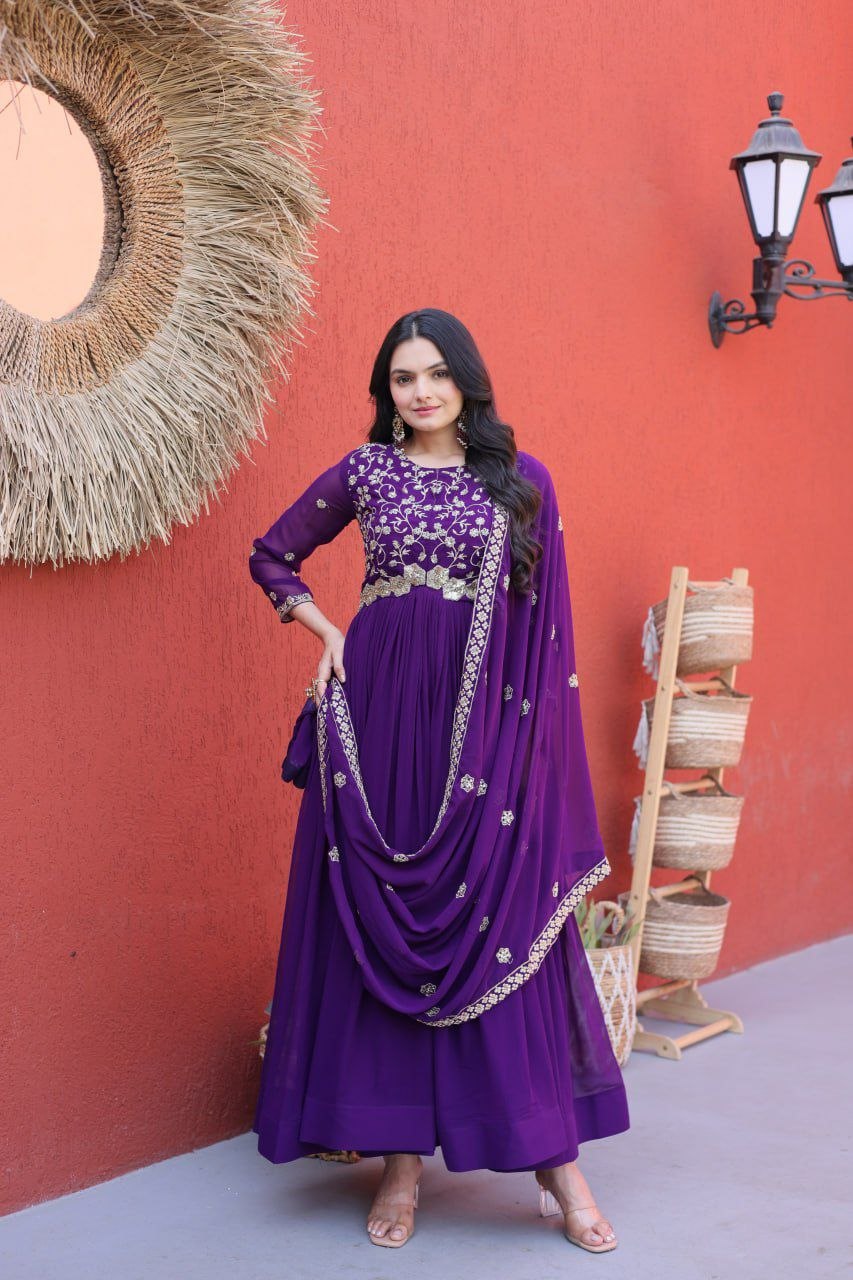 Fashion Factory Faux Blooming Embroidered Gown Set with Dupatta