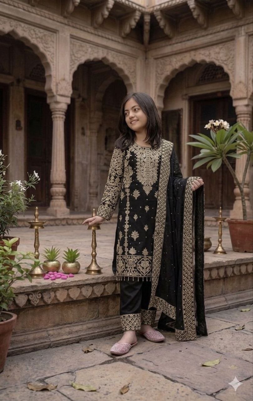 Fashion Factory Kids Premium Faux Georgette Embroidered Suit Set with Dupatta