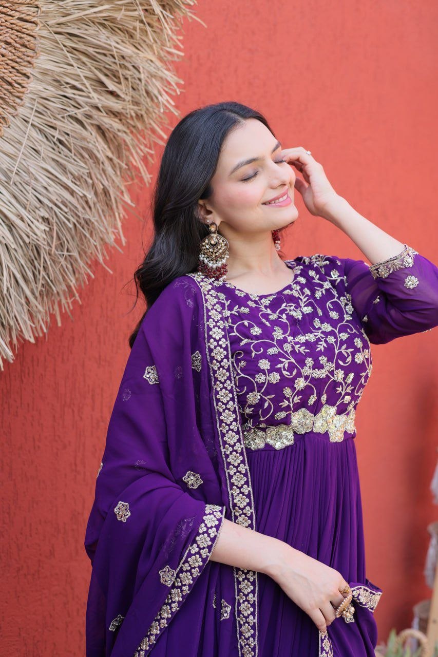 Fashion Factory Faux Blooming Embroidered Gown Set with Dupatta