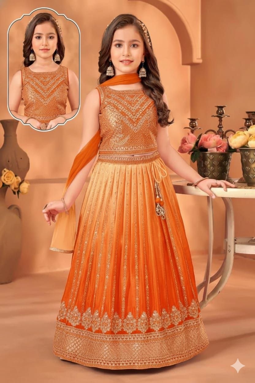 Fashion Factory Kids Soft Chinon Silk Lehenga Choli Set with Butterfly Net Dupatta