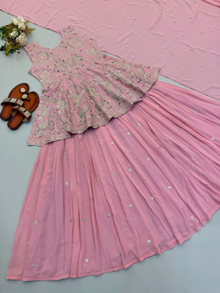 Pink Faux Georgette Embroidery Peplum Top & Lehenga Dupatta Set