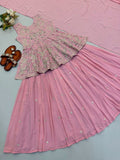 Pink Faux Georgette Embroidery Peplum Top & Lehenga Dupatta Set
