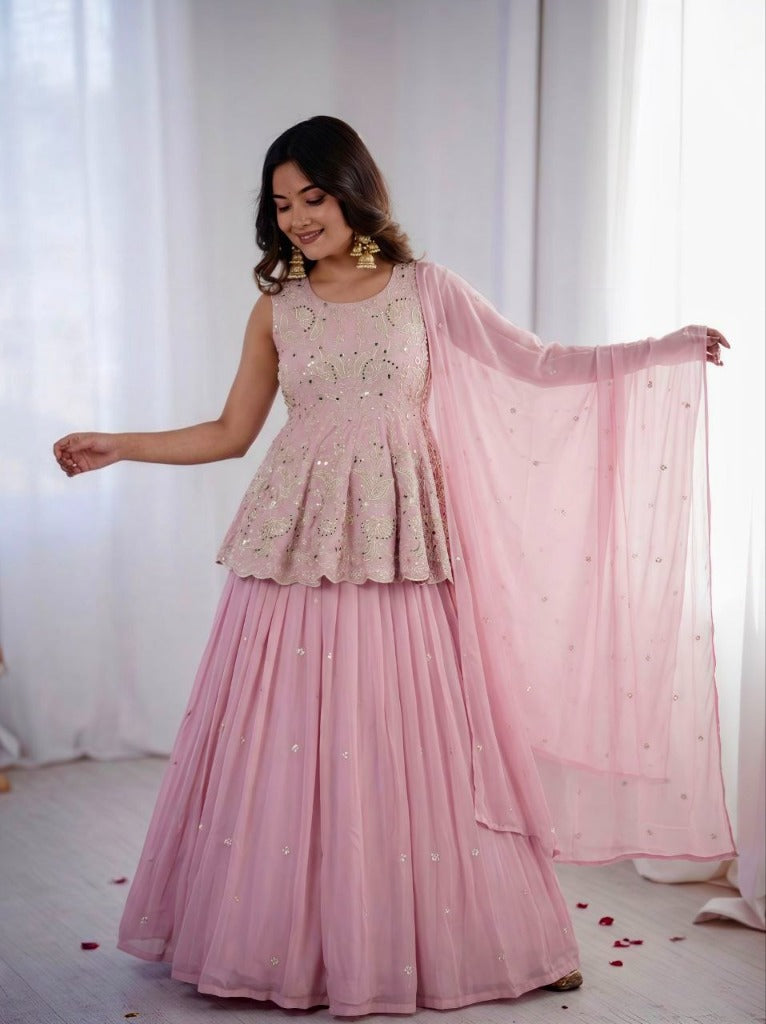 Pink Faux Georgette Embroidery Peplum Top & Lehenga Dupatta Set