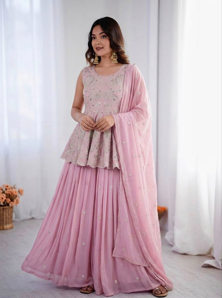 Pink Faux Georgette Embroidery Peplum Top & Lehenga Dupatta Set