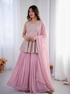 Pink Faux Georgette Embroidery Peplum Top & Lehenga Dupatta Set