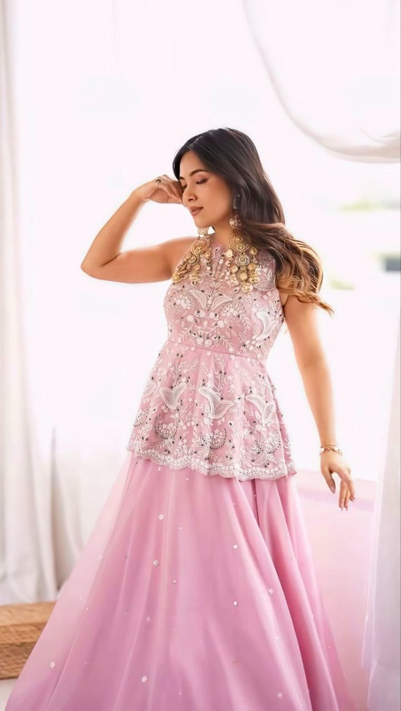 Pink Faux Georgette Embroidery Peplum Top & Lehenga Dupatta Set