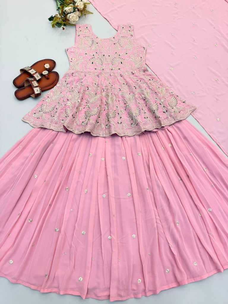 Pink Faux Georgette Embroidery Peplum Top & Lehenga Dupatta Set