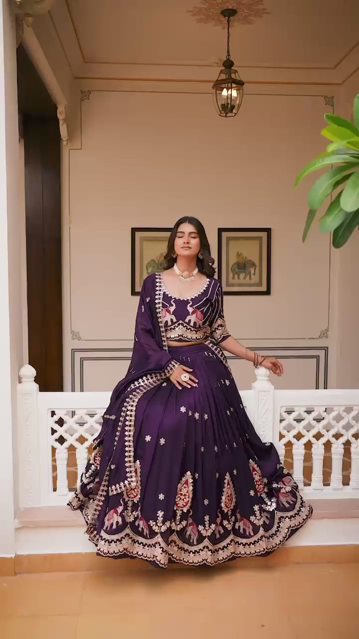 Elephant Motif Embroidered Silk Lehenga Set with Lace Border Dupatta