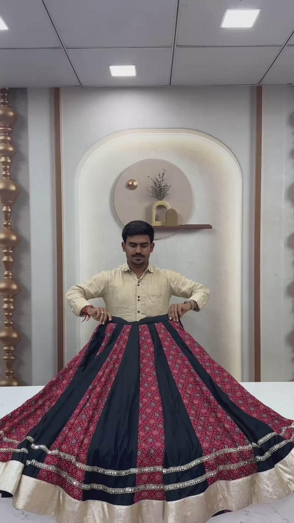Printed Panel Flared Lehenga Choli with Lace Border Dupatta
