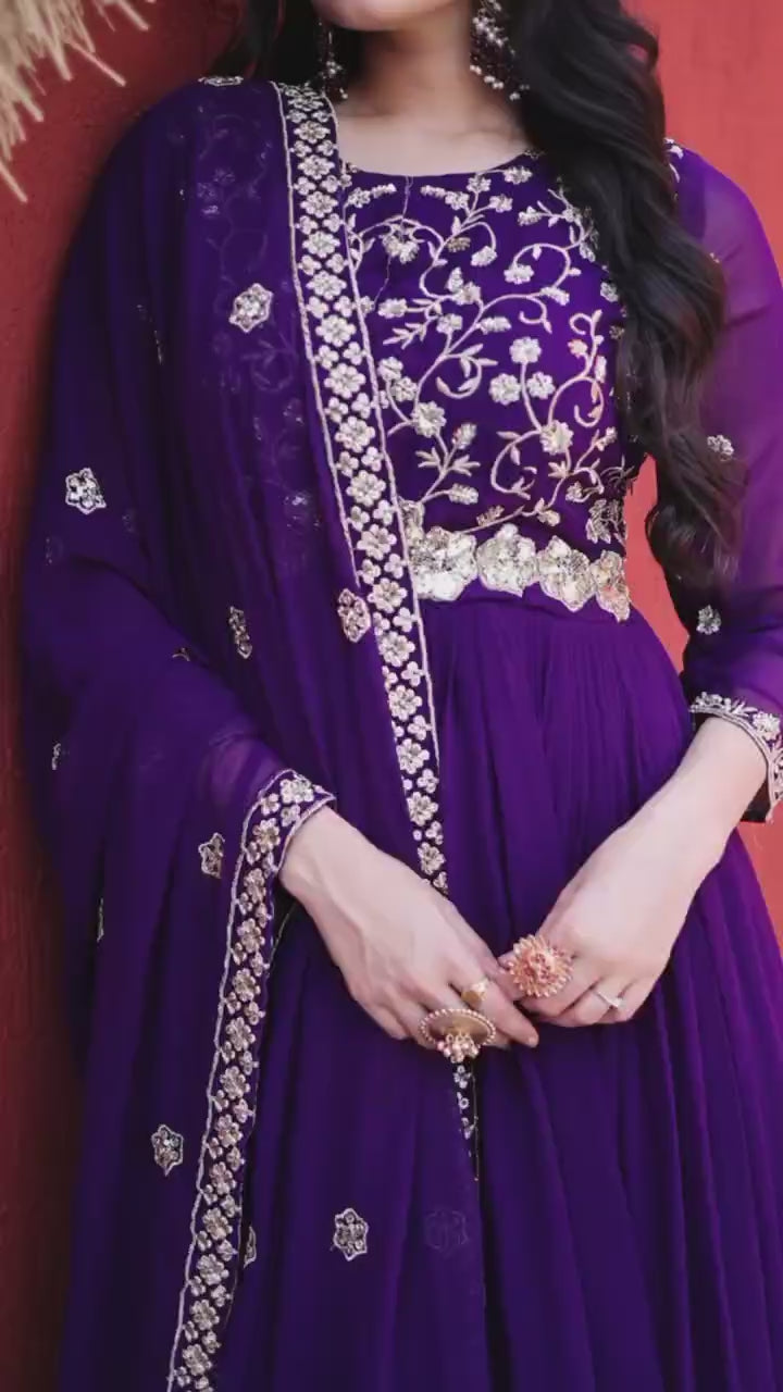 Fashion Factory Faux Blooming Embroidered Gown Set with Dupatta
