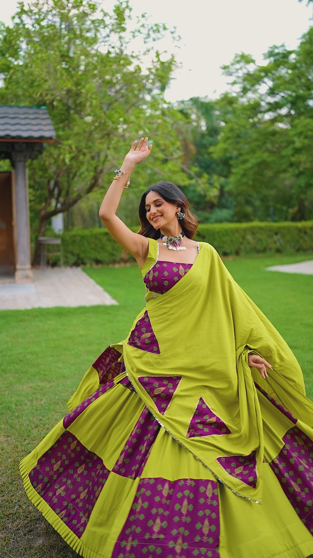 Printed Patchwork Flared Lehenga Choli Set With Pleated Hem