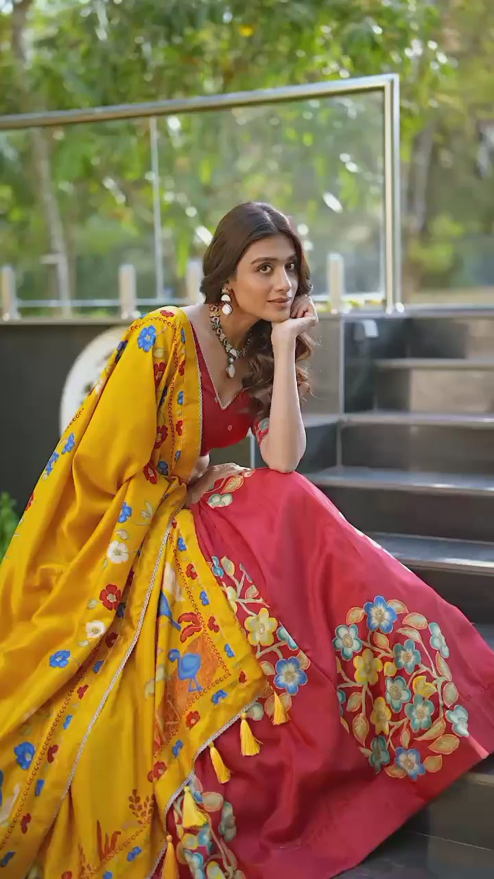 Hand Printed Kalamkari Silk Lehenga Set with Printed Dupatta