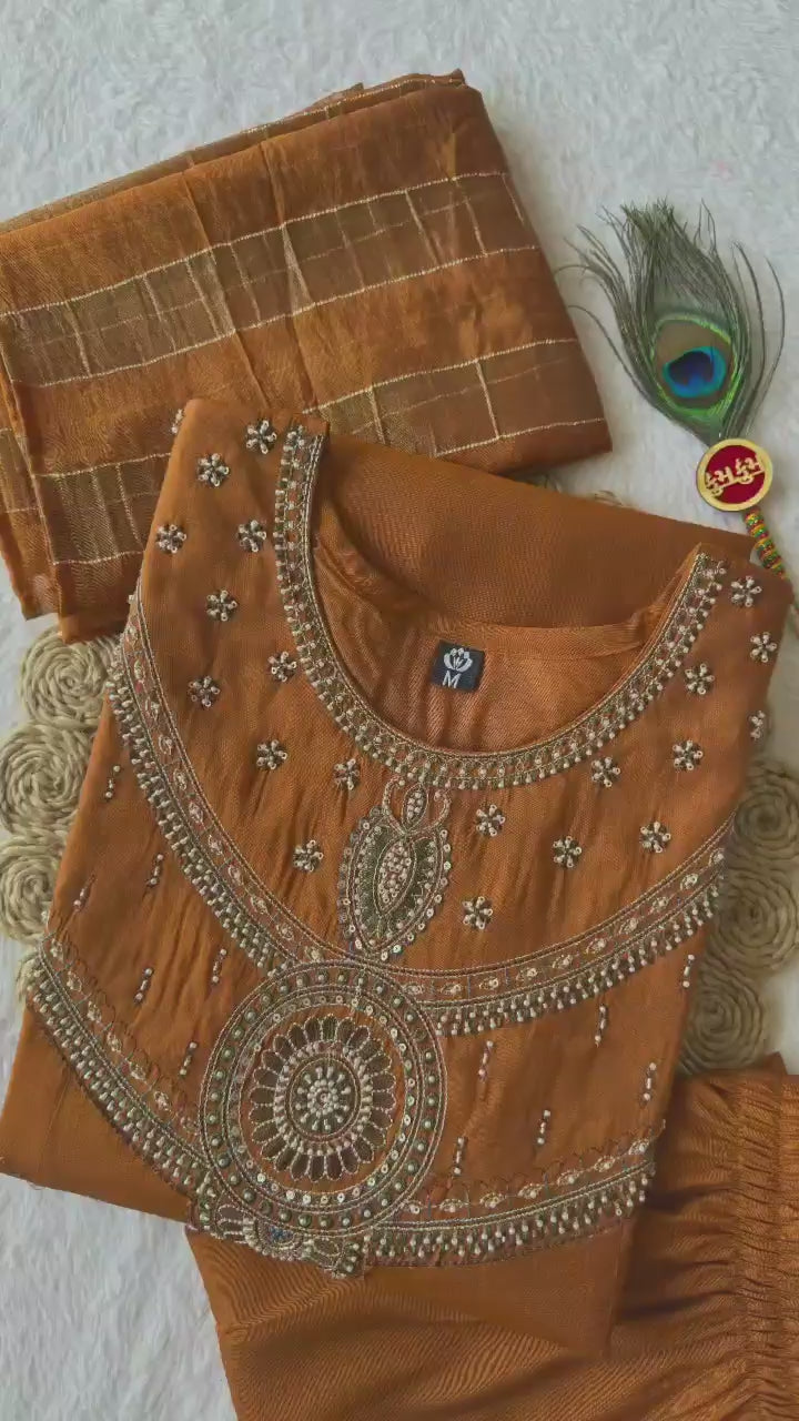 Hand-Embellished Anarkali Suit Set with Striped Dupatta