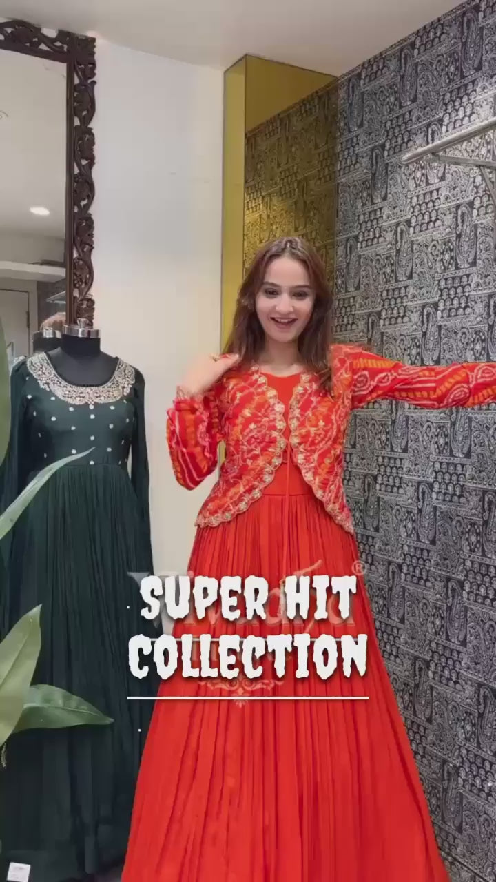 Festive Pleated Gown Ensemble with Embellished Jacket and Sheer Dupatta