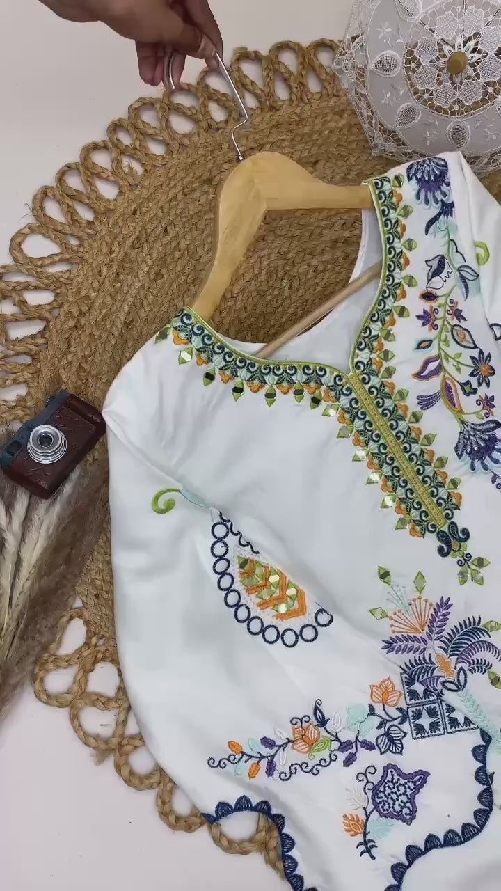 Boho Ethnic Fusion Floral Embroidered Scalloped Kaftan Kurti
