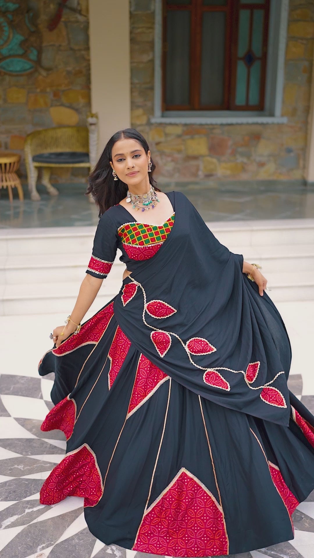 Printed Patchwork Flared Lehenga Choli Set With Pleated Hem