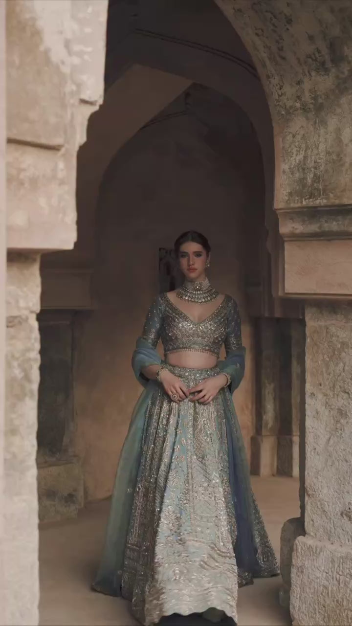 Sequined Heavy Embroidered Bridal Lehenga Set with Sheer Dupatta