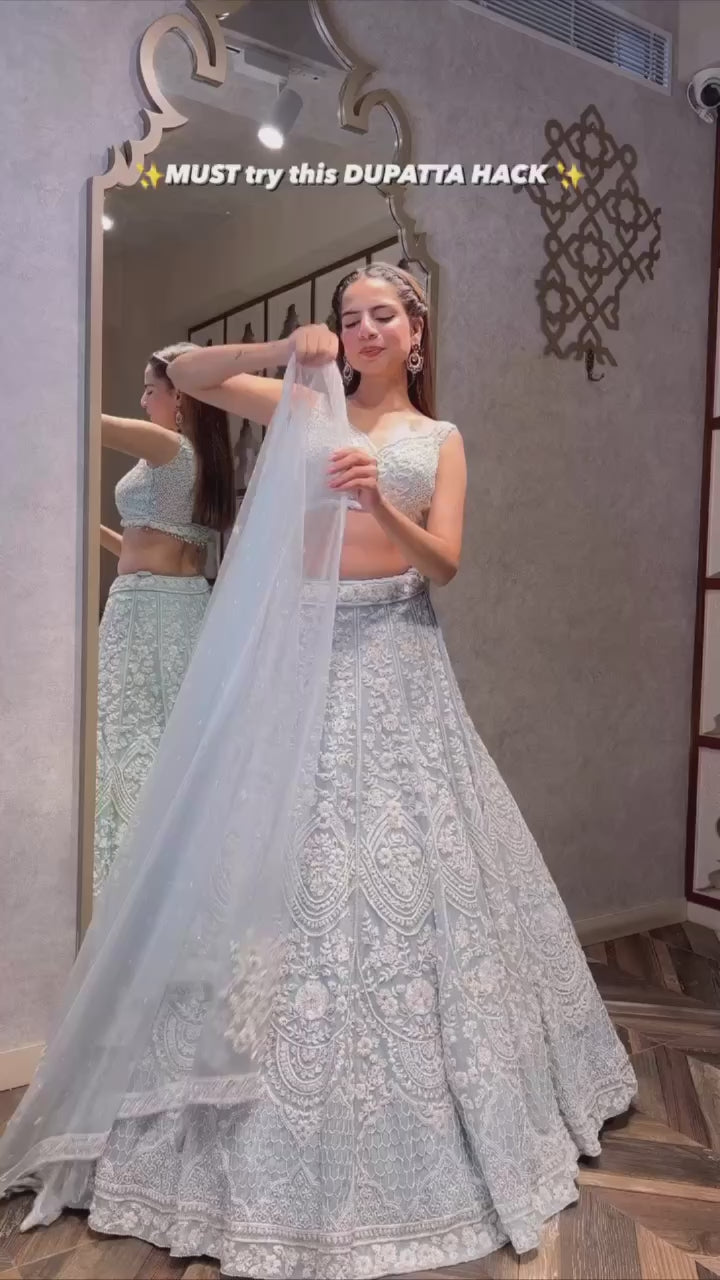 Chikankari Sequined Lehenga Set with Attached Cape Dupatta