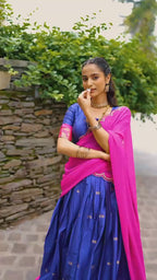Traditional Zari Woven Silk Half Saree Set with Scalloped Embroidered Dupatta