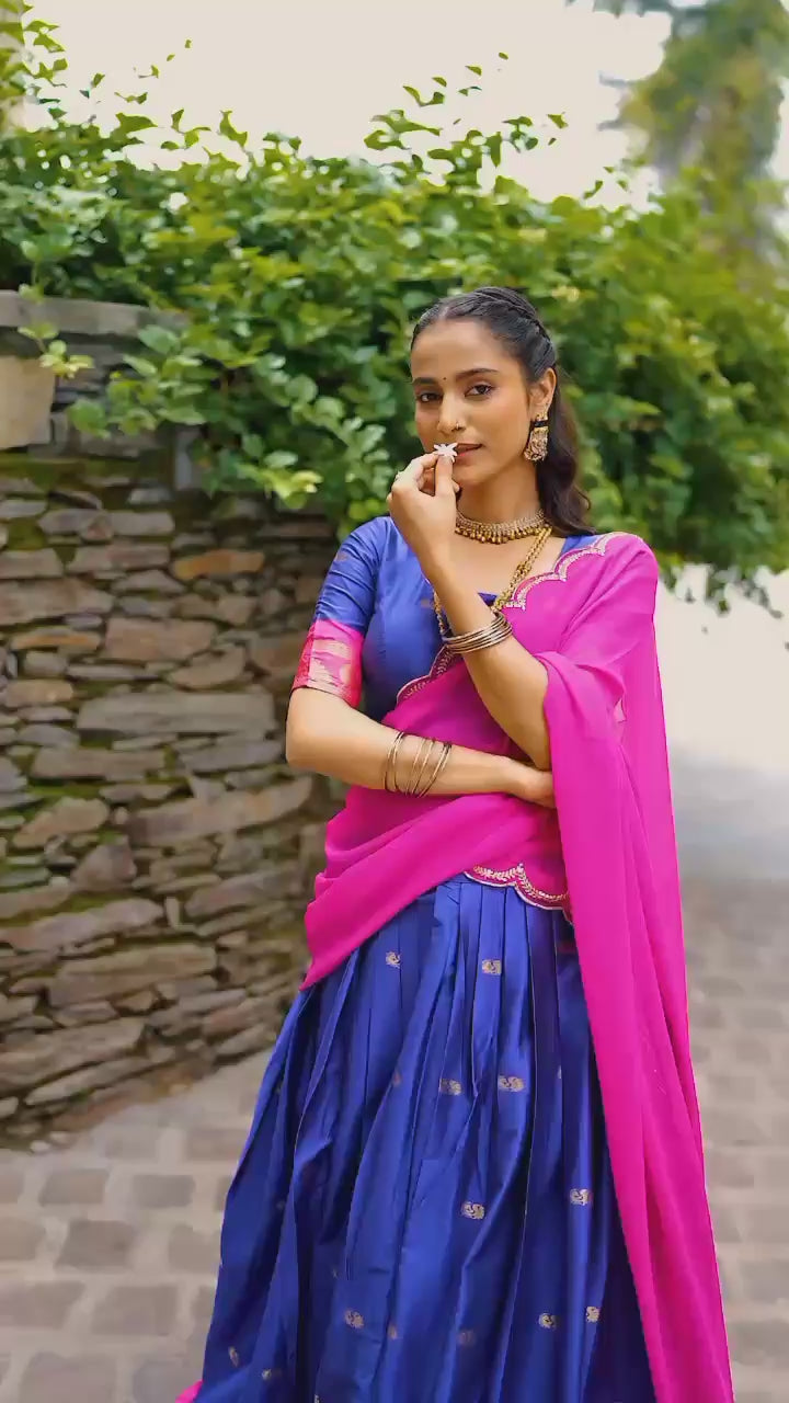 Traditional Zari Woven Silk Half Saree Set with Scalloped Embroidered Dupatta