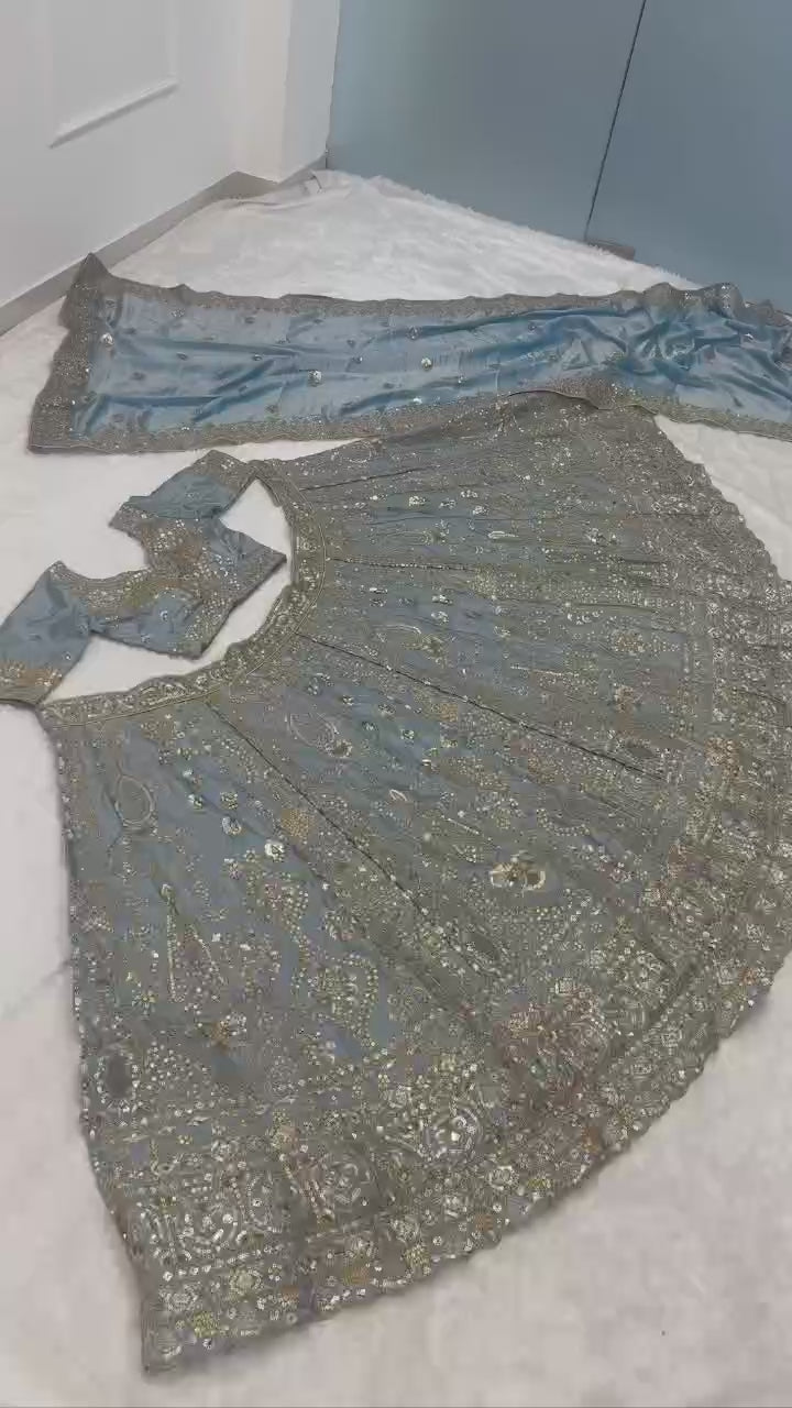 Sequined Heavy Embroidered Bridal Lehenga Set with Sheer Dupatta