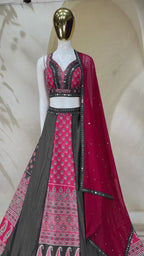 Ornate Printed Panel Flared Lehenga Choli with Mirror Work Border