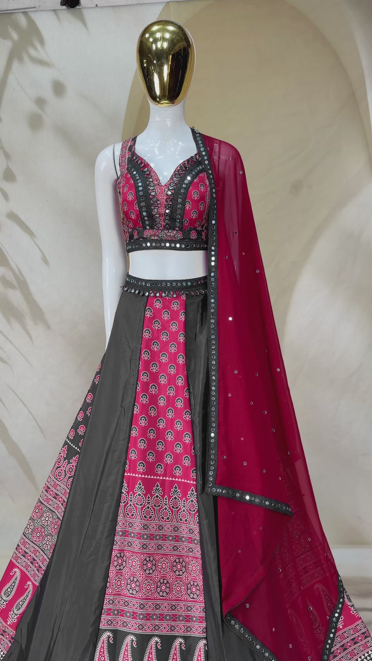 Ornate Printed Panel Flared Lehenga Choli with Mirror Work Border