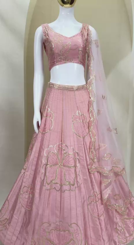Gold Thread Embroidered Floral Lehenga Set with Scalloped Dupatta