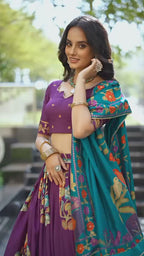 Hand Printed Kalamkari Silk Lehenga Set with Printed Dupatta