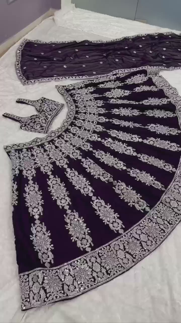 Contrast Thread Embroidered Georgette Lehenga Set with Sleeveless Blouse
