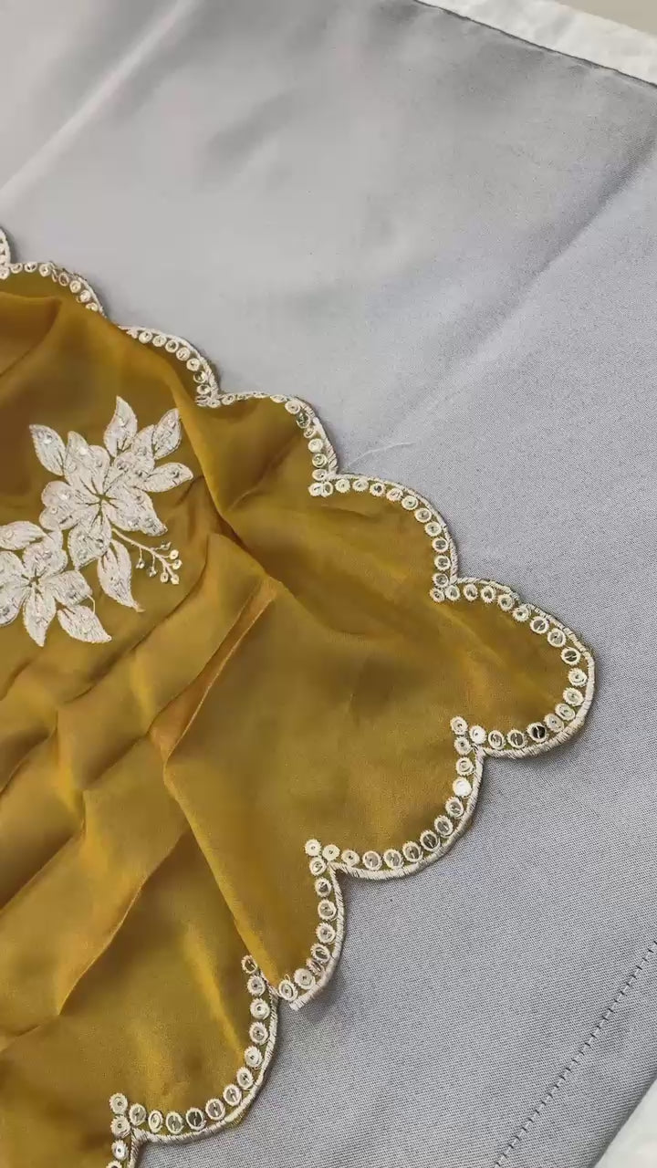 Garden Floral Romance Embroidered Saree with Scalloped Border