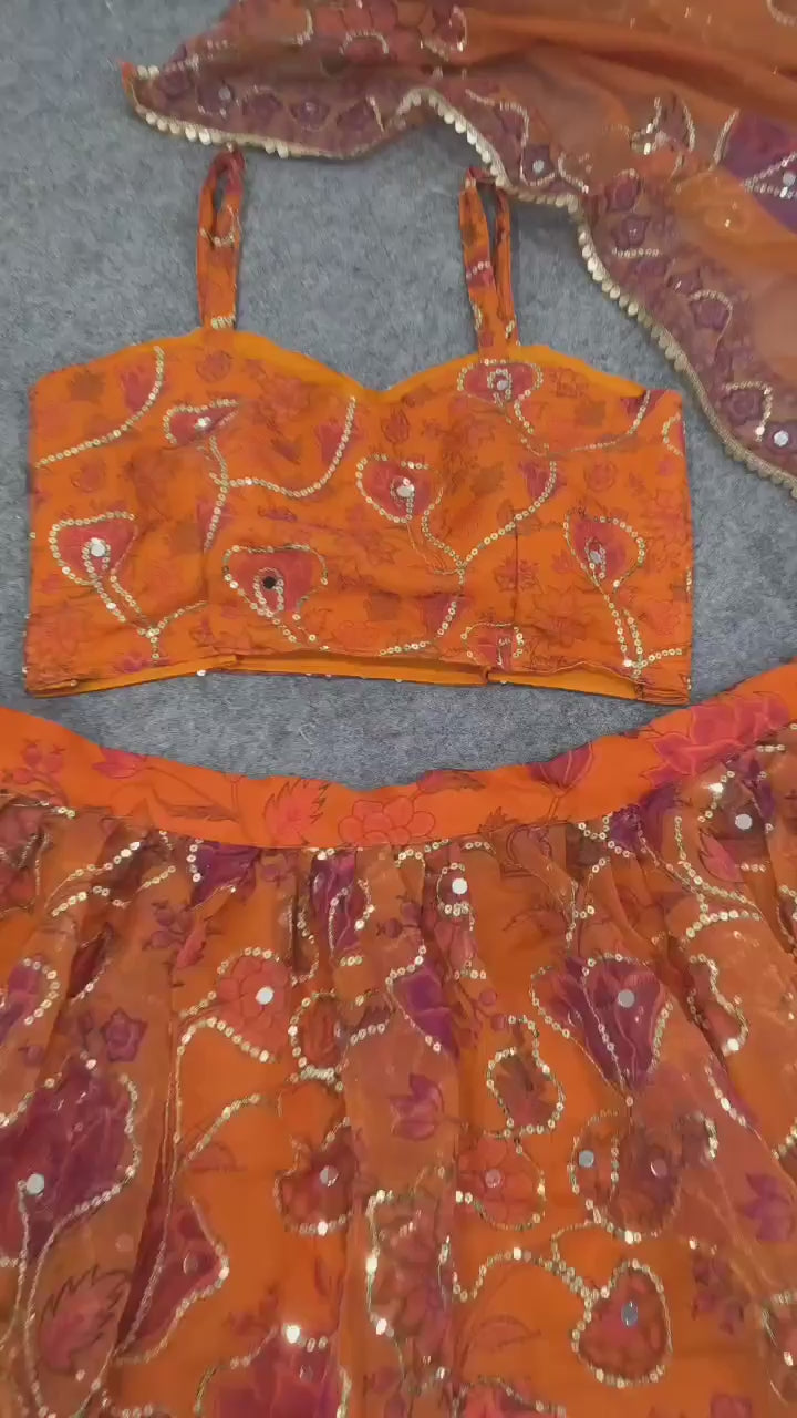 Organza Printed Lehenga Set with Intricate Sequined Threadwork