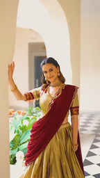 Traditional Zari Woven Silk Half Saree Set with Scalloped Embroidered Dupatta