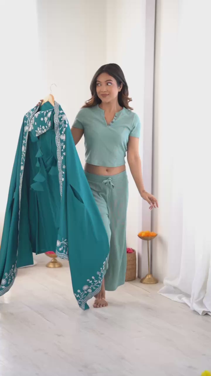 Fashion Factory French Crepe Western Dhoti Set with Shrug & Choli