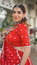 Traditional Bandhani Print Flared Lehenga Choli with Lace Border Dupatta