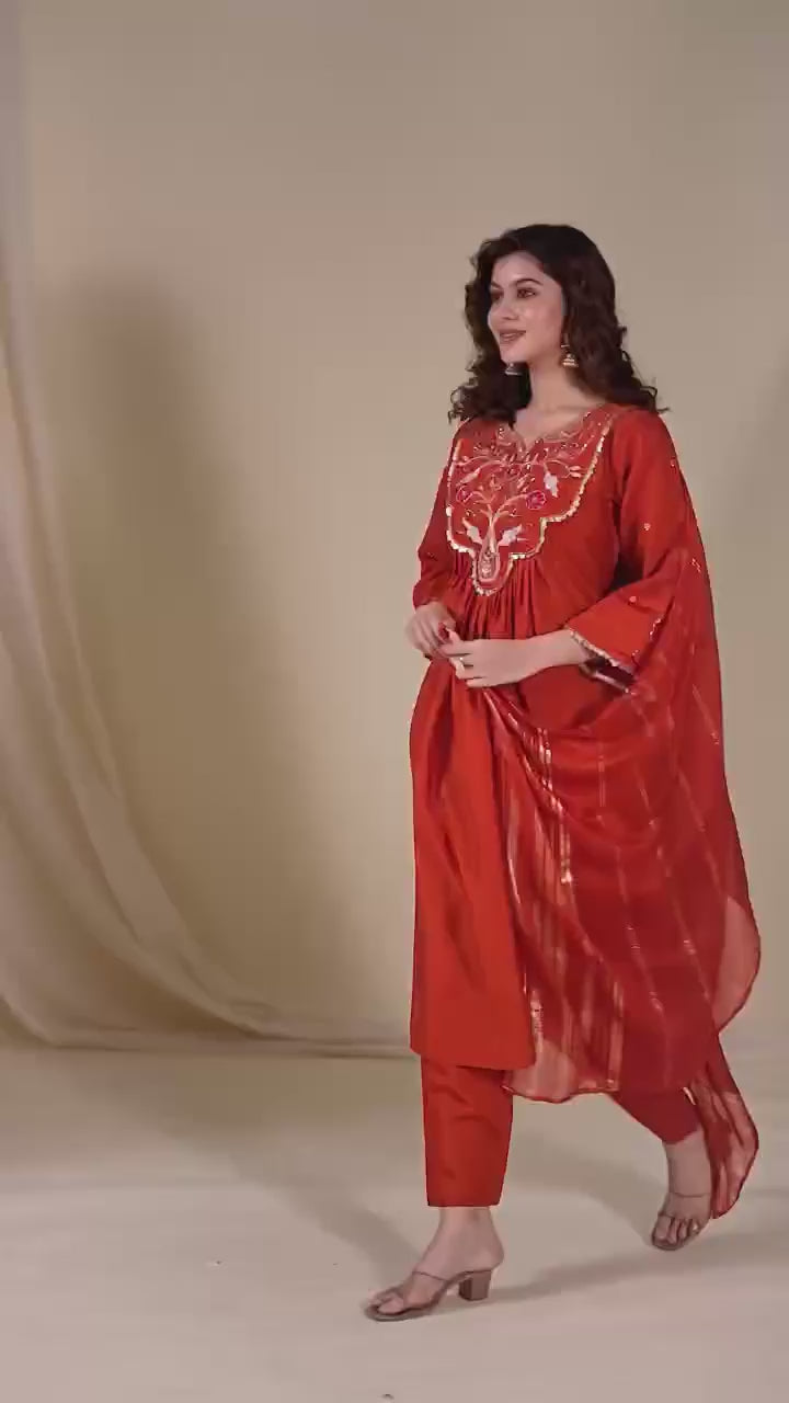 Intricate Embroidery Design on Solid Kurta Set with Striped Dupatta