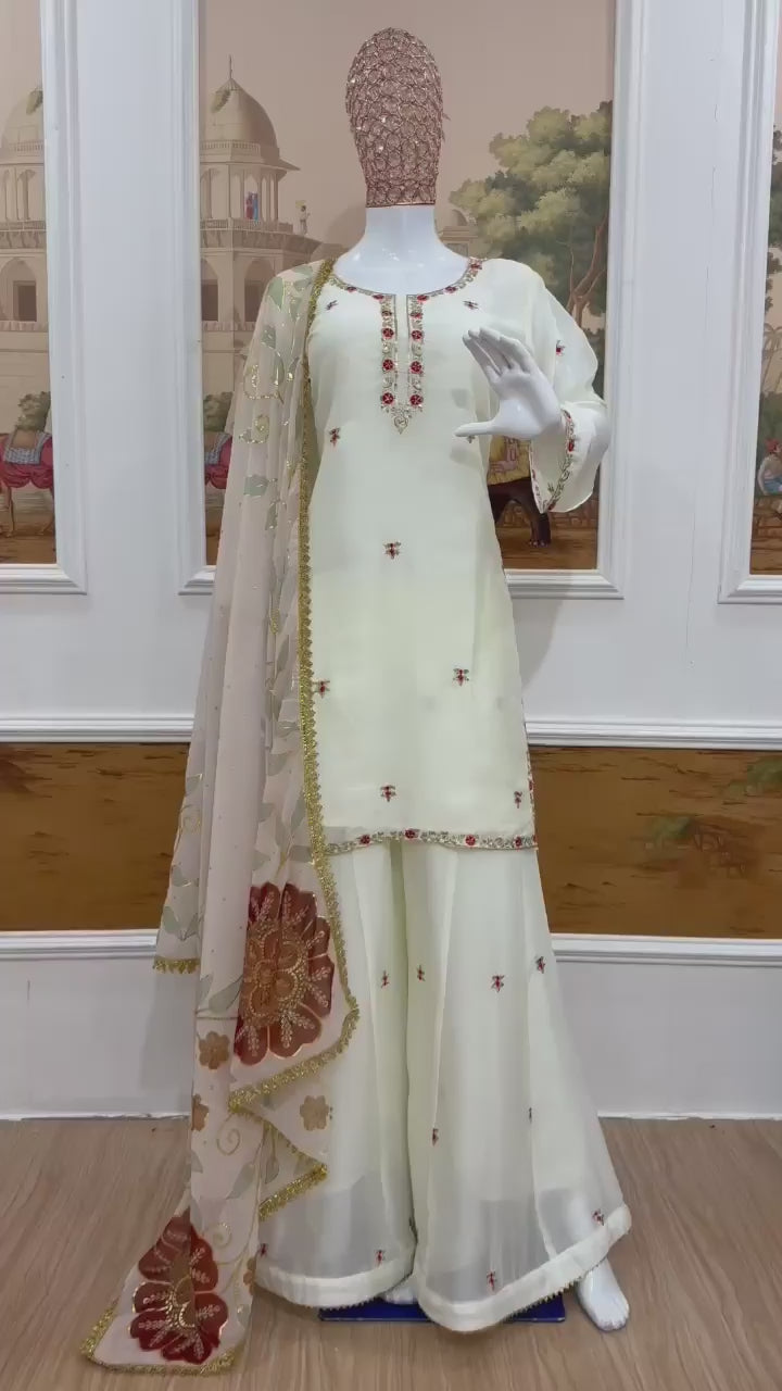 Subtle Grace Embroidered Short Kurta and Sharara Set with Sheer Dupatta
