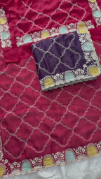 Royal Heritage Geometric Embroidered Saree with Multicolour Zari Border and Intricate Designer Blouse