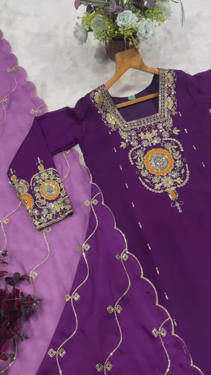 Embroidered Anarkali Suit Set With Matching Organza Dupatta