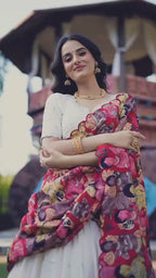 Traditional Kalamkari Print Border Silk Lehenga Set with Dupatta