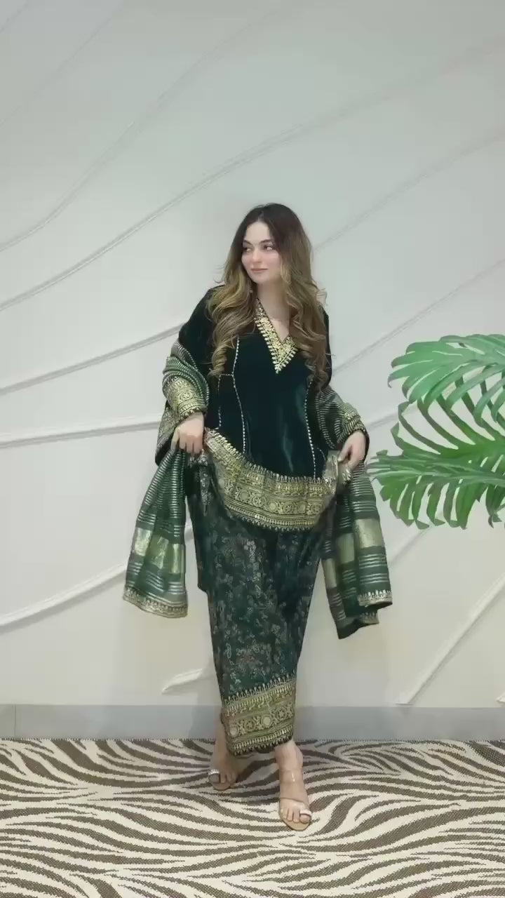 Velvet Heavily Embroidered Kurta With Salwar And Dupatta Set