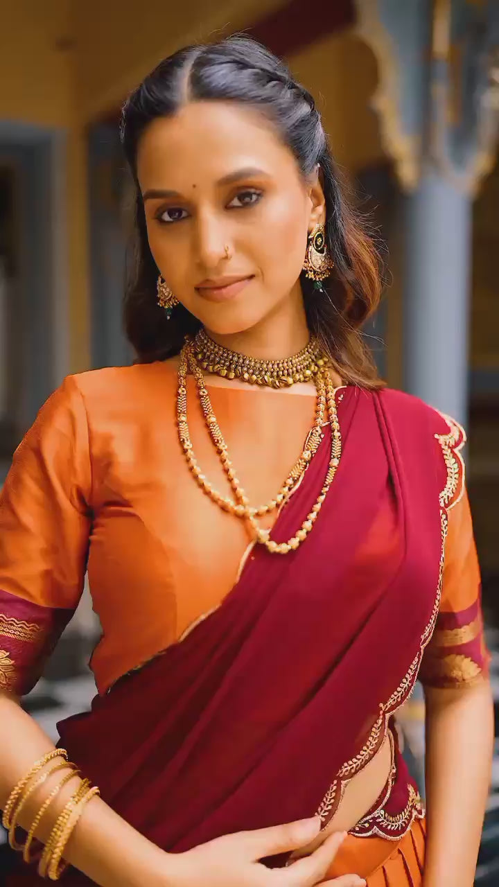 Traditional Zari Woven Silk Half Saree Set with Scalloped Embroidered Dupatta