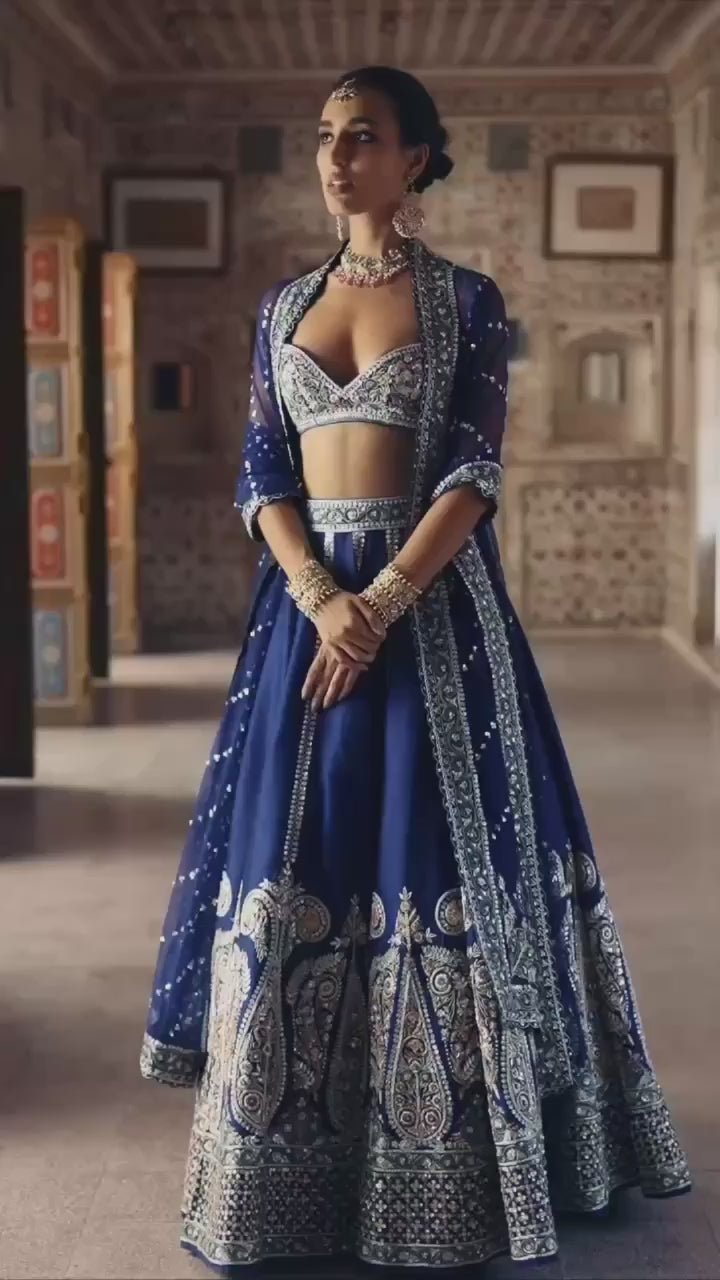 Paisley Motif Embellished Silk Lehenga Set with Draped Jacket Cape
