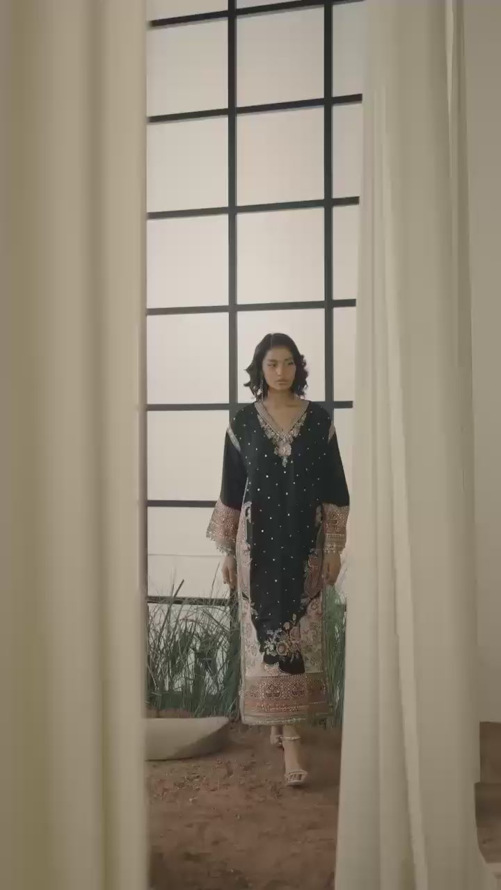 Embroidered Kaftan Kurta Set with Intricate Floral Borders and Shell Detail Cuffs