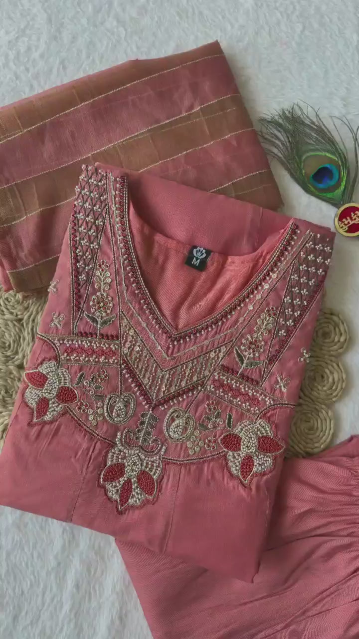 Embroidered Anarkali Kurta Set with Zari Striped Dupatta